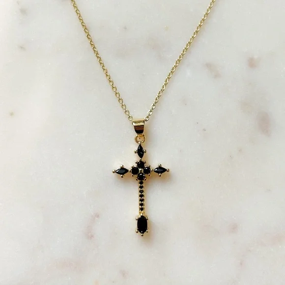 Black CZ Cross Necklace | 14k Gold Filled - Picture 6 of 9